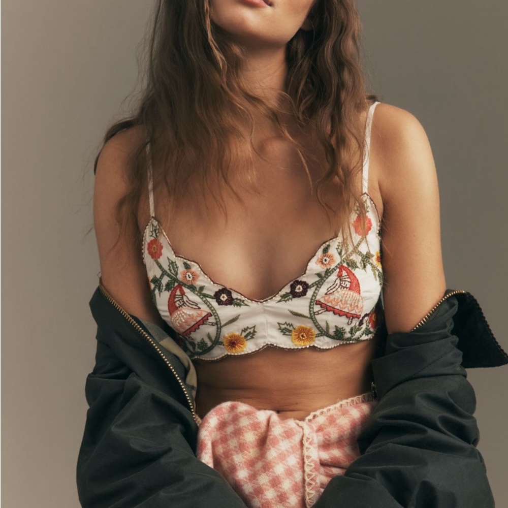 Anthropologie Cream Floral Embroidered Bra
